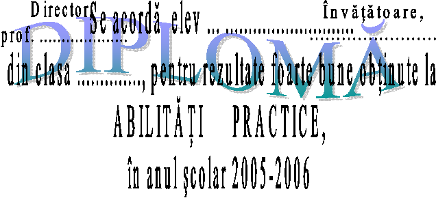 DIPLOMĂ,Se acorda elev ... ............................
din clasa .............., pentru rezultate foarte bune obtinute la
ABILITĂŢI PRACTICE, 
n anul scolar 2005-2006 ,Director, 
prof. ....................,nvatatoare,
........................